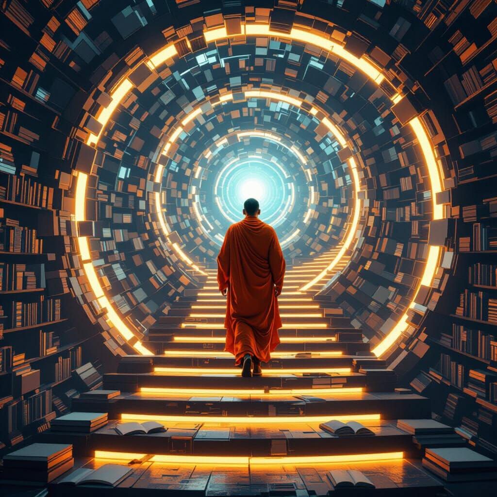 Monk Ascends Luminous Book Staircase in Futuristic 3D Style