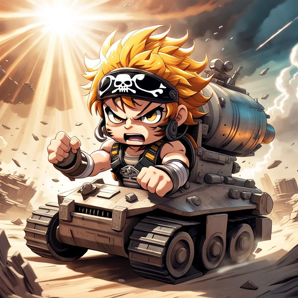 Chibi Space Pirate Races Tiger Tank in Apocalyptic Wasteland