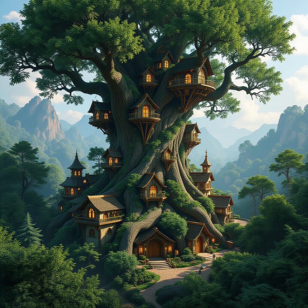 Epic Forest Treehouses in 3D Videogame Style