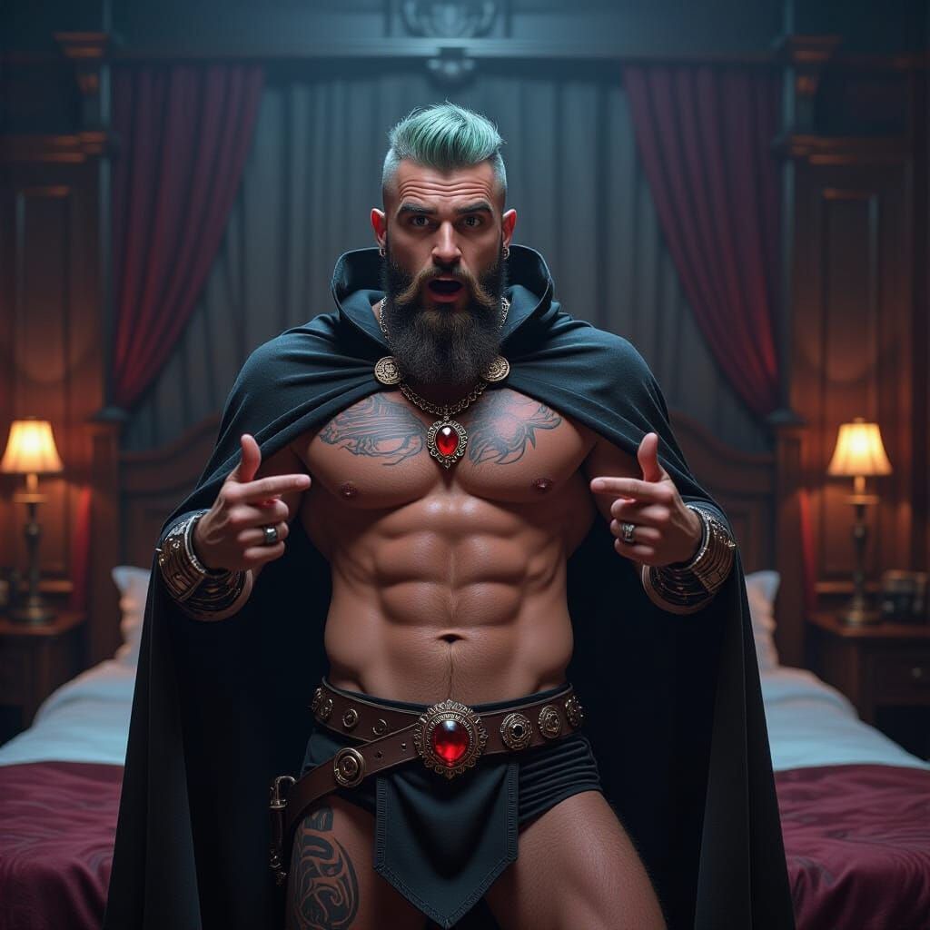 Gay Ghost Hunk with Mohawk Hovers Over Castle Bed