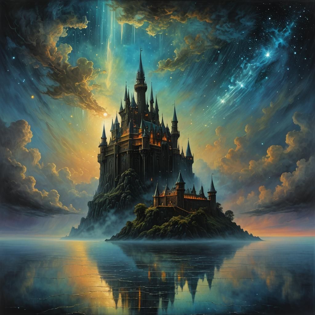 Mystical Castle Above Iridescent Cloud Sea