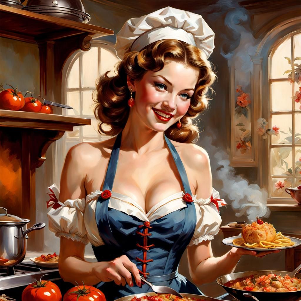 Pin-Up Portrait of a Mischievous Maiden Cooking