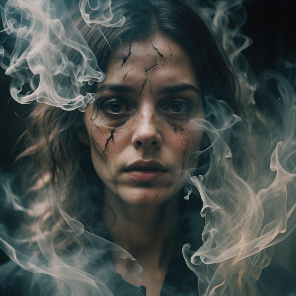 Distorted Face in Shattered Mirror with Ethereal Smoke