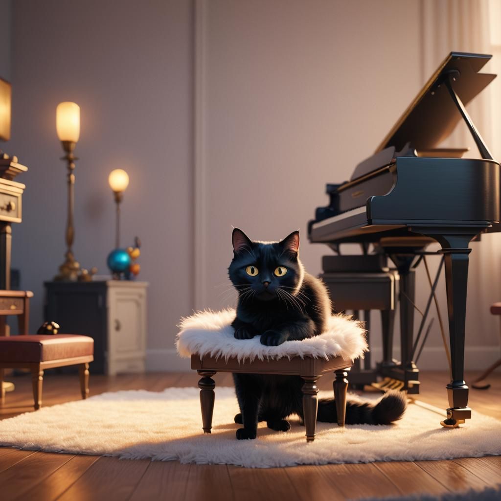 Black Cat on Stool: 3D Pixar Concept Art