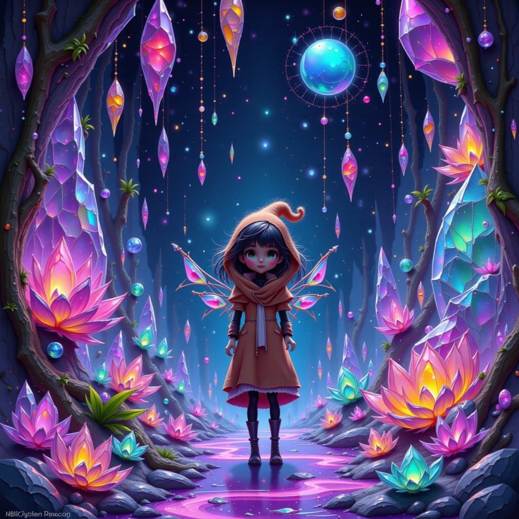 Ethereal Crystal Cavern with Iridescent Flora and Fauna