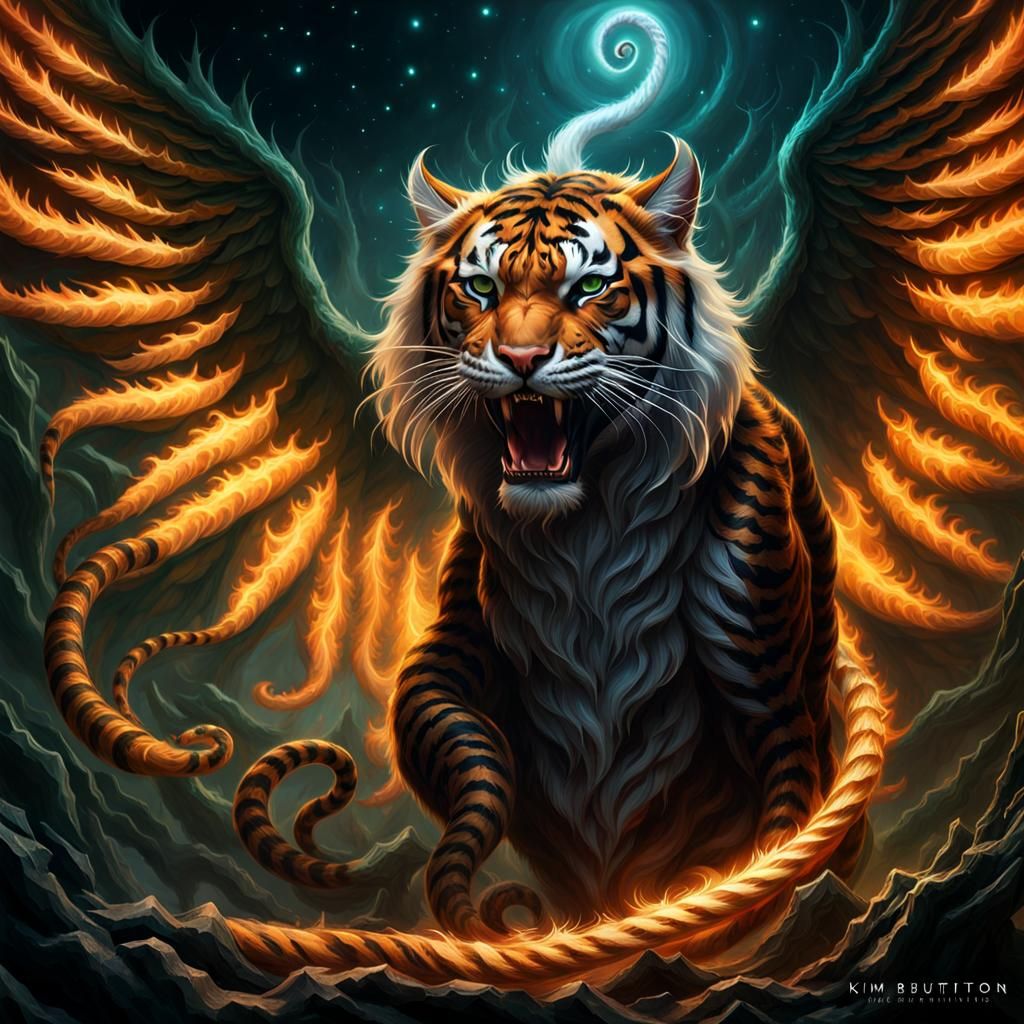 Winged Tiger Serpent with Demonic Cat Background