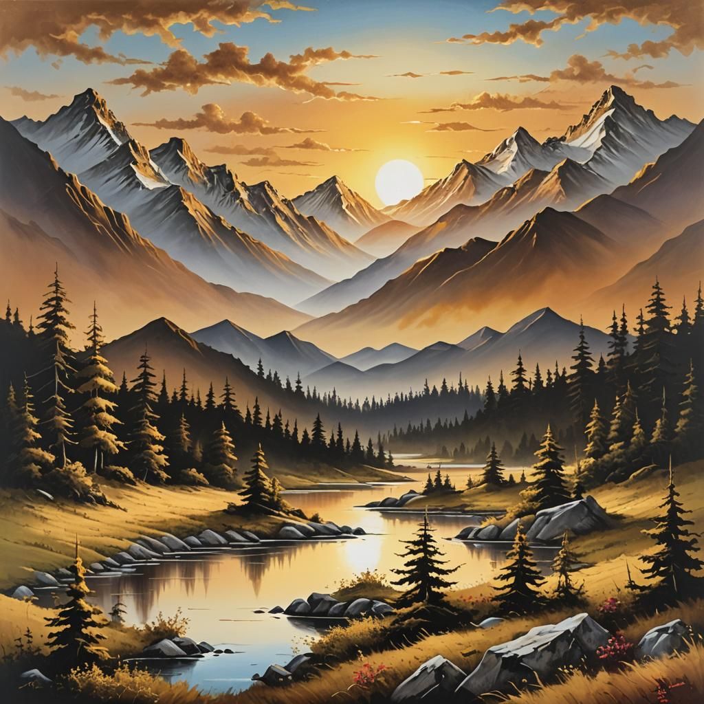Golden Sunset Mountain Range in Bob Ross Style