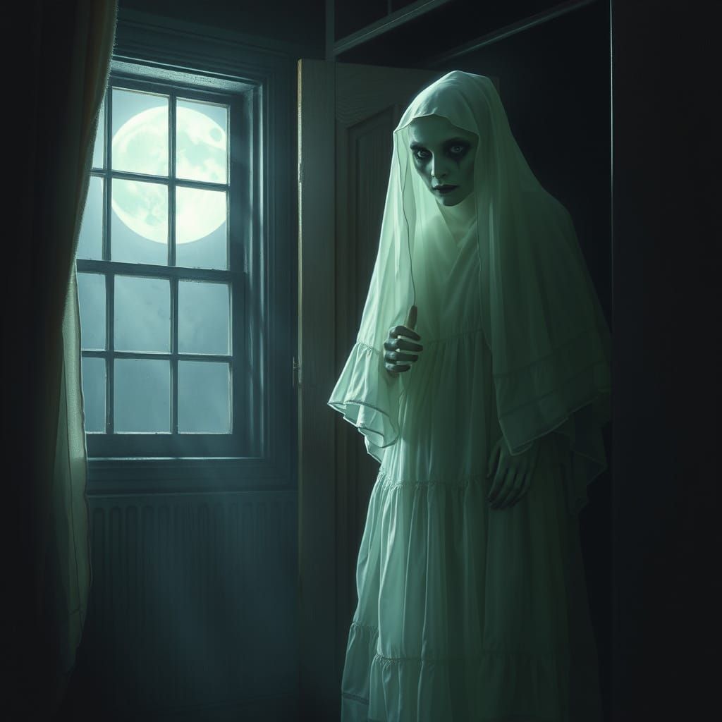 Ghostly Figure Waits in Closet Under Full Moonlight