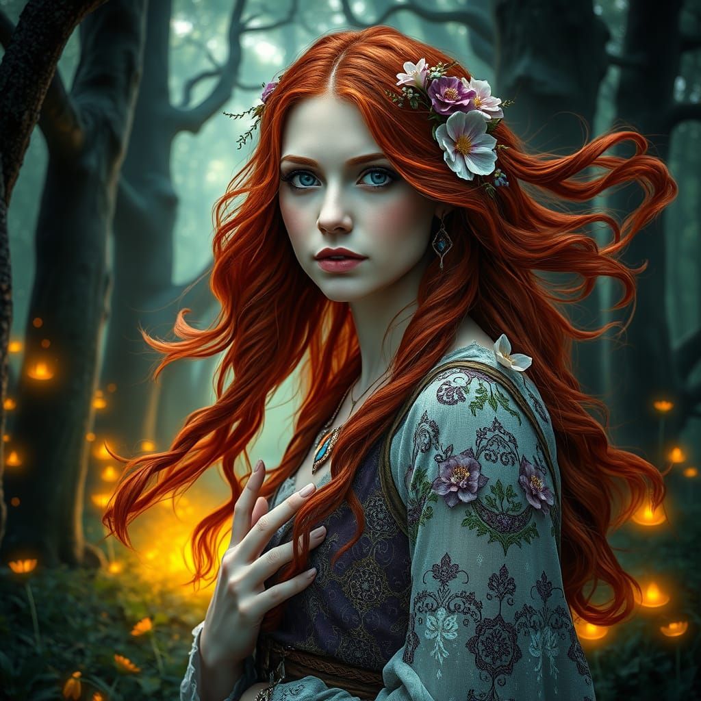 Red-Haired Sorceress in Irish Grove, Art Nouveau Style