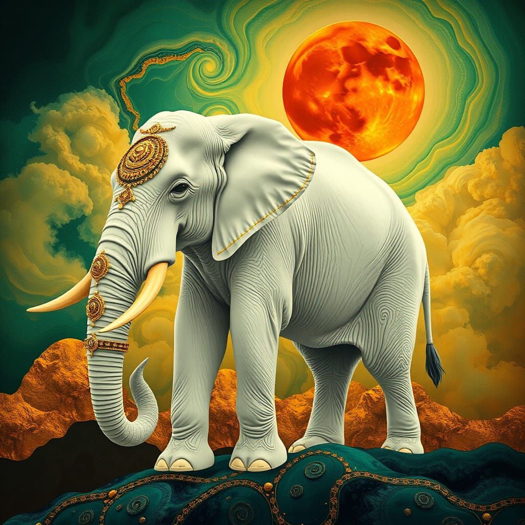 Elephant in Emerald Dust, Klimt-inspired Cosmic Art