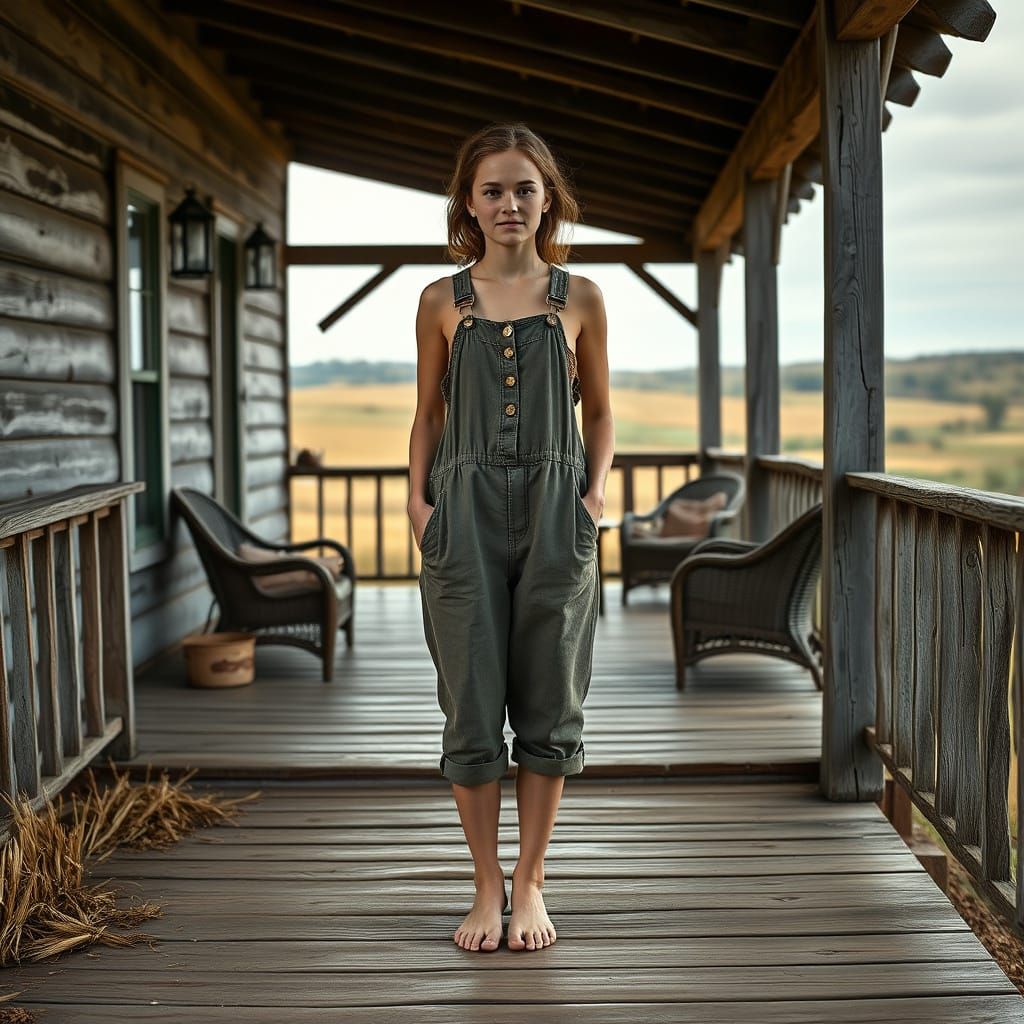 Rustic Farm Girl on Porch, Wearing Overall, in Hyper-Realist...