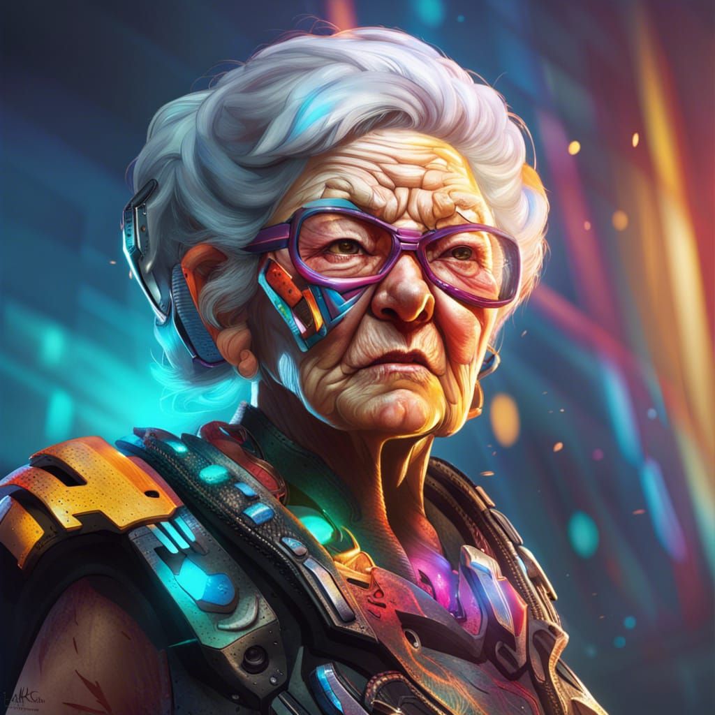 Hyperrealistic Futuristic Warrior Grandma Portrait