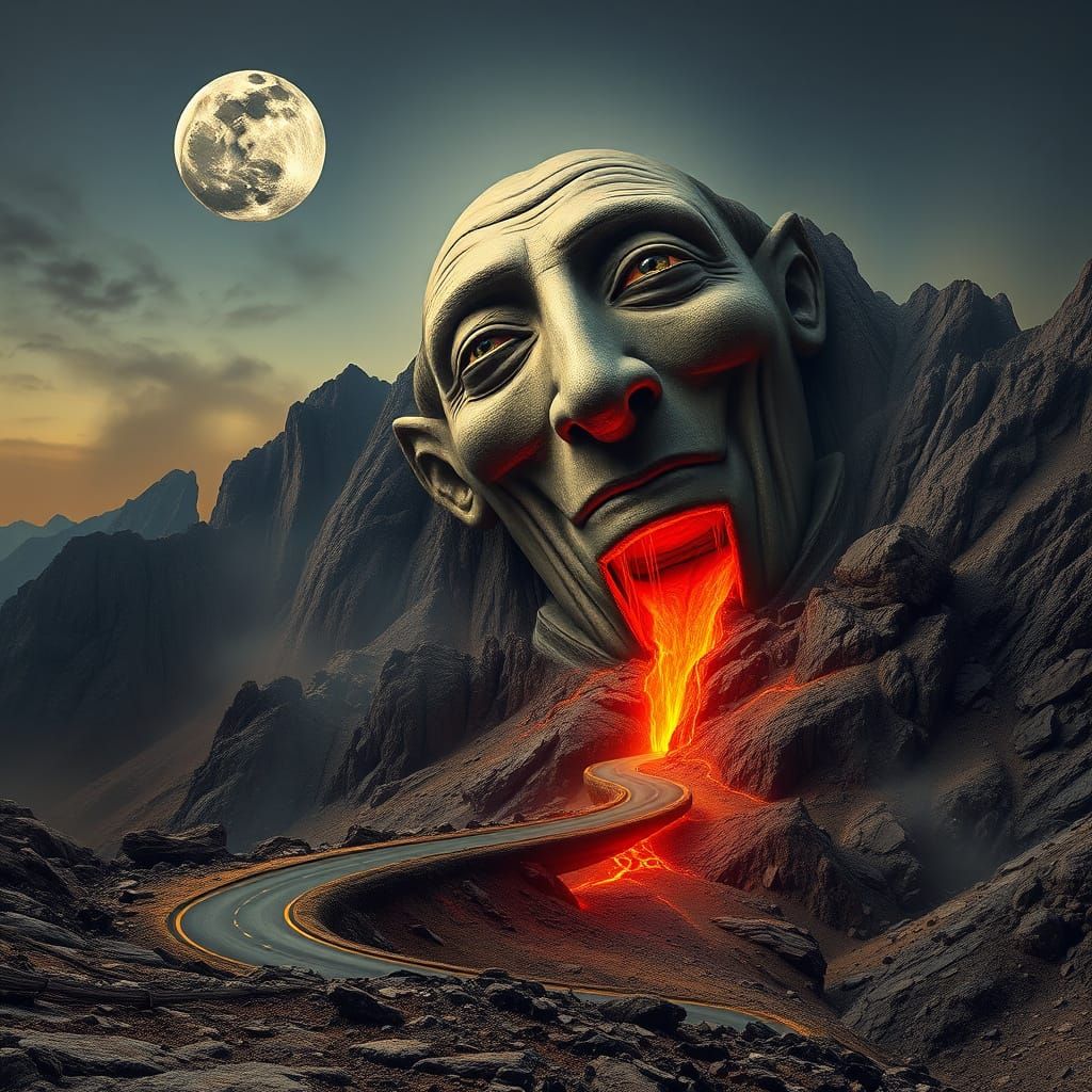 Surrealist Mountain Face with Lava Flow in a Dreamlike Lands...