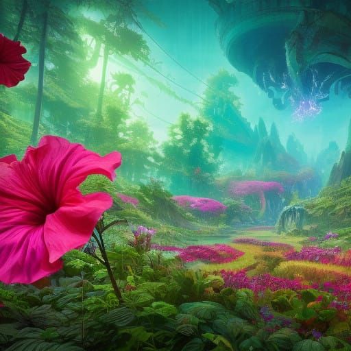 Iridescent Hibiscus Blooms in a Mystical Landscape