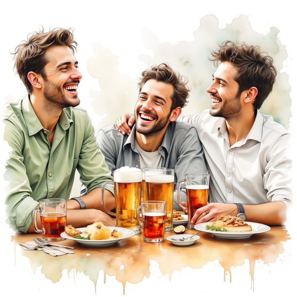 Men Laughing Over Drinks in Watercolor Style
