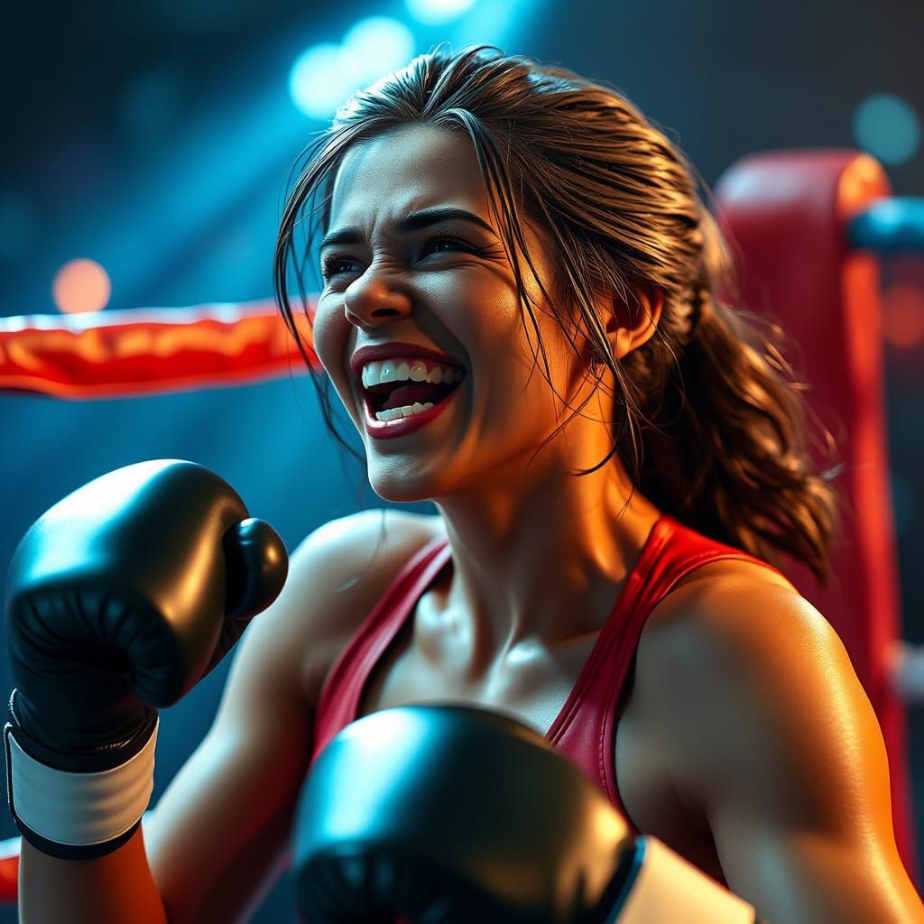 Sinister Smiling Woman Boxer: 3D Hyperrealistic Portrait