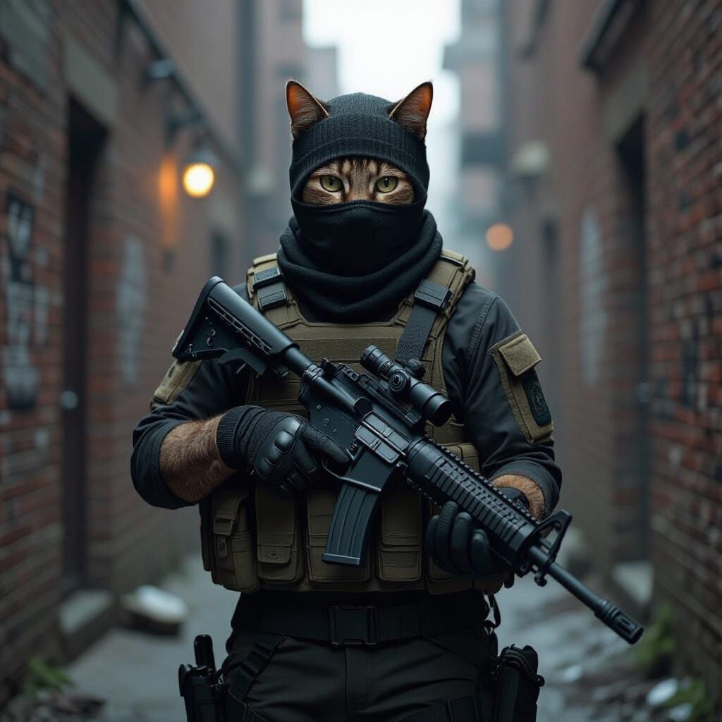 Tactical Cat in Alleyway: Photorealistic Combat Scene