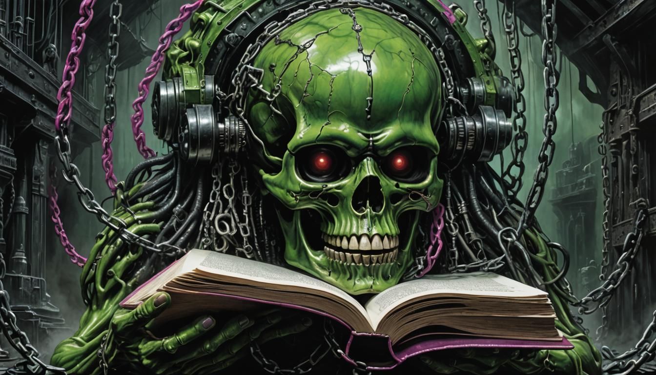 Evil Book Chained to Iron Skull: Hyperrealistic Horror