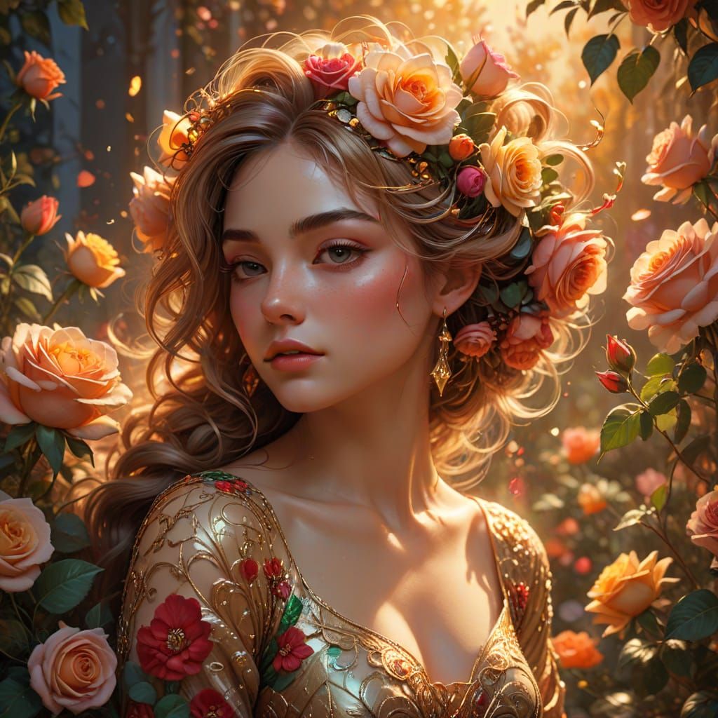 Ethereal Woman Adorned with Roses in Warm Golden Light