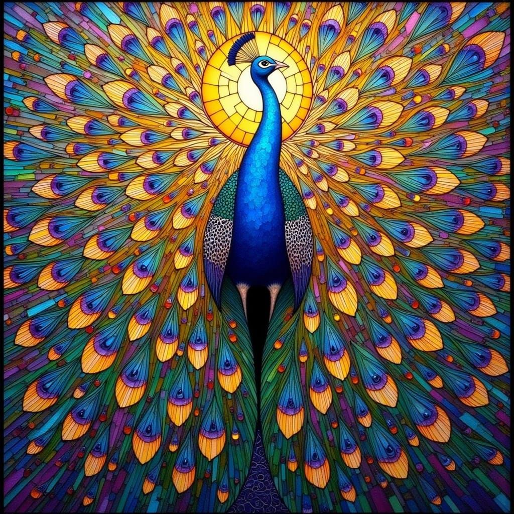 Whimsical Art Nouveau Stained Glass Peacock