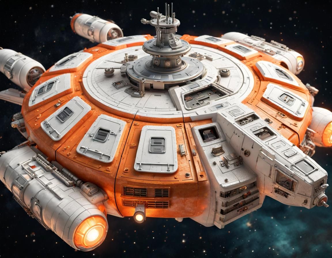 Retro Sci-Fi Orange Spaceship Landing Craft in Space