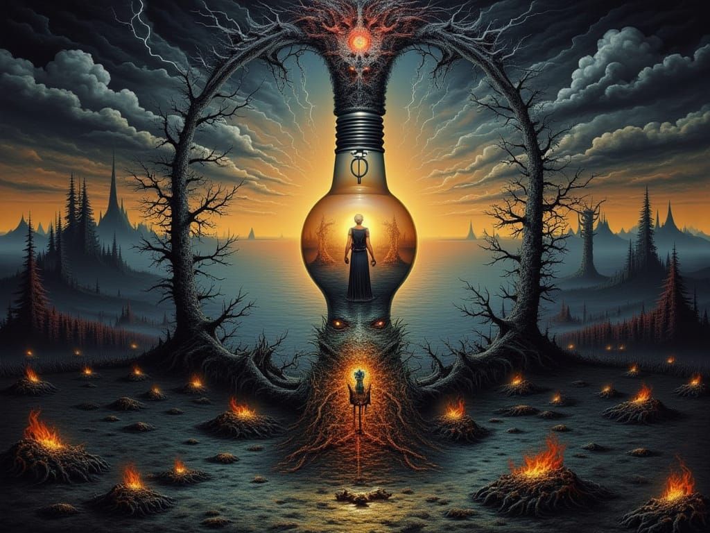 Man Holds Lightbulb With Sunset Garden Inside, Surreal Style