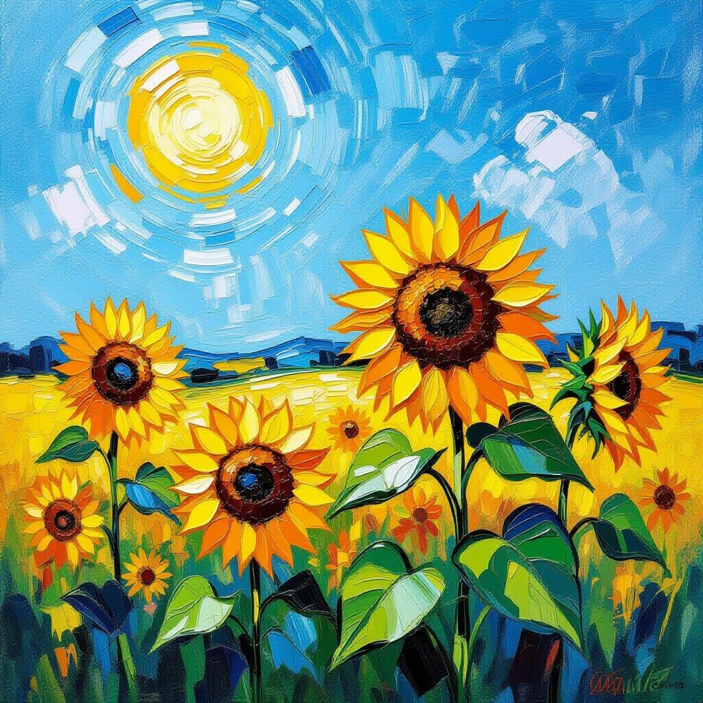 Neo-Impressionist Sunflowers in a Summer Field