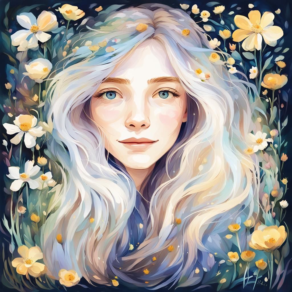 Golden-Haired Girl in Flower Meadow: Impressionist Portrait