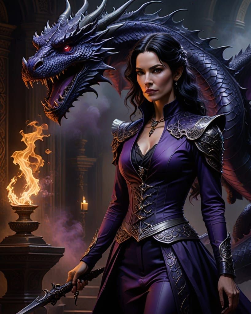 Elegant Woman in Dark Academia Setting with Dragon