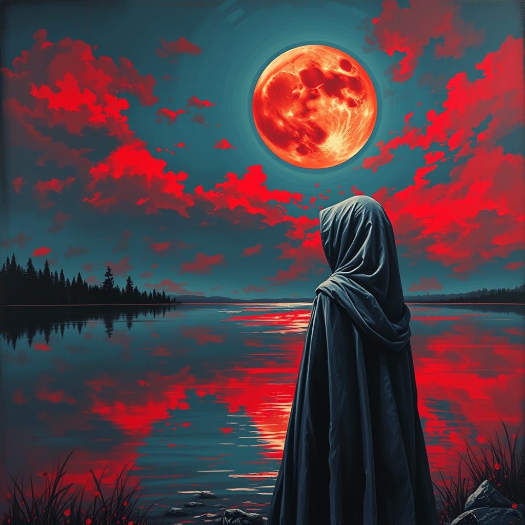 Serene Lake Transformed by Blood Moon's Ominous Glow
