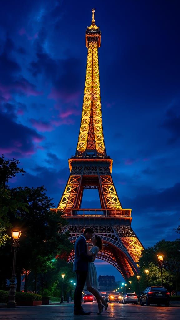 Romantic Eiffel Tower Scene at Night in Paris with Passionat...