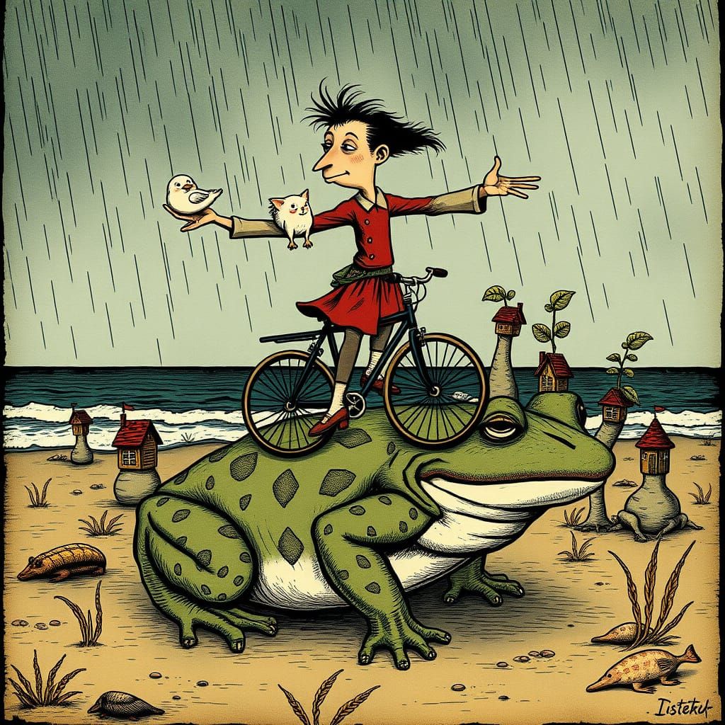 Caricature Figure Rides Giant Toad on Beach in Dürer Style