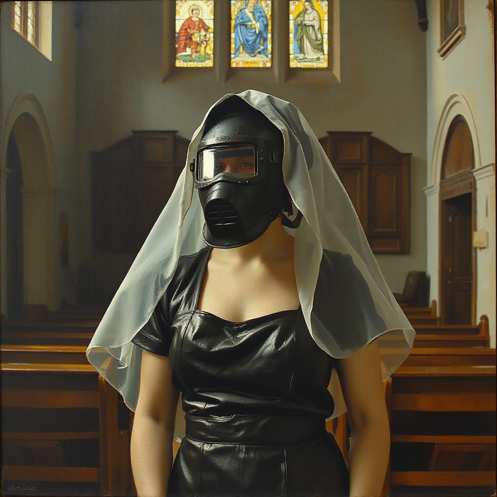 Bride in Asbestos and Leather Wedding Dress with Welding Mas...