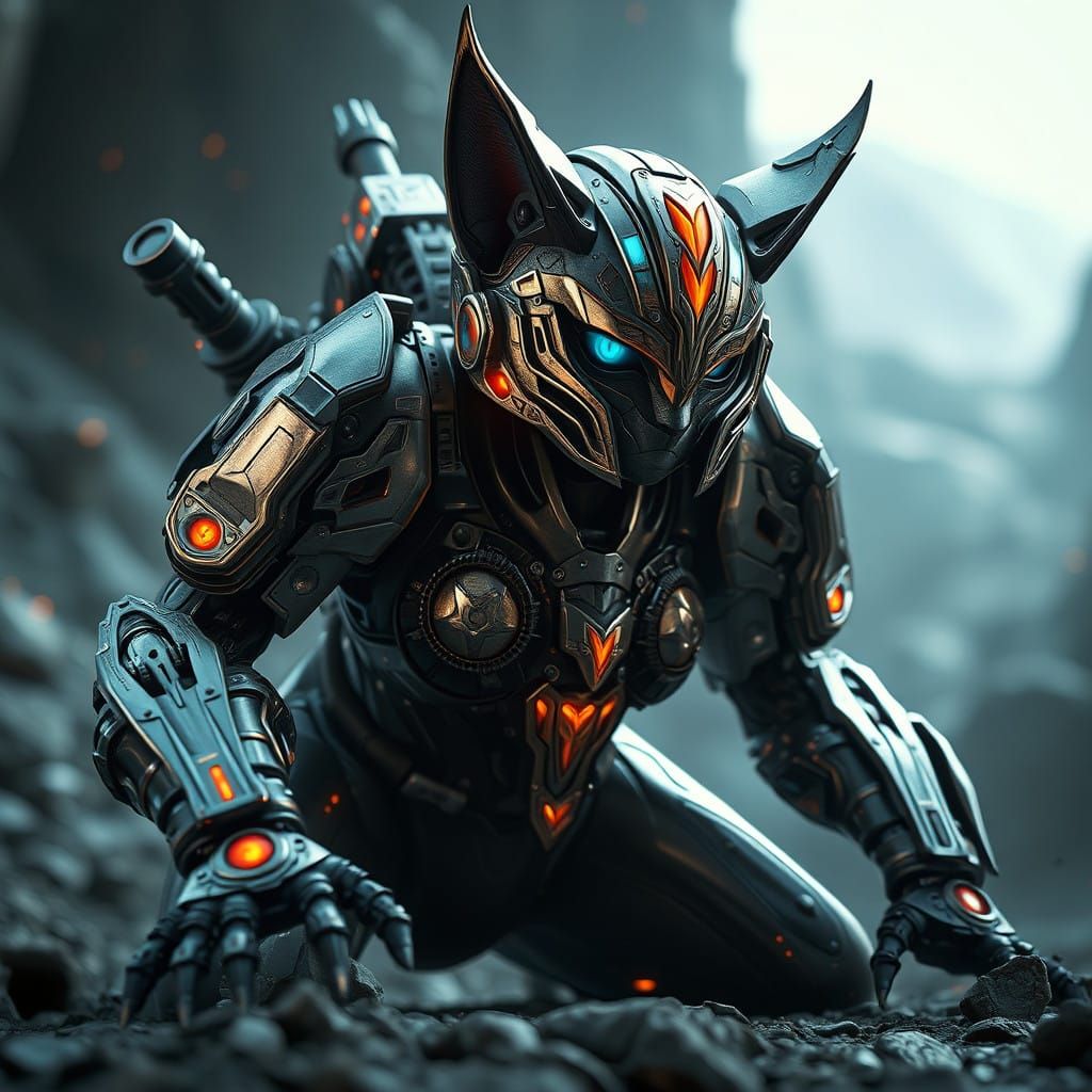 Cyberpunk Cat Samurai in Futuristic Battle