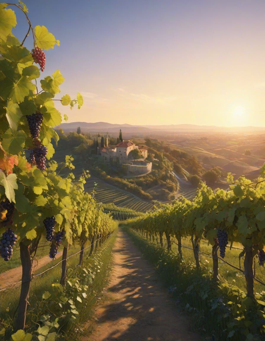 Vibrant Impressionist Landscape with Rolling Hills and Rusti...