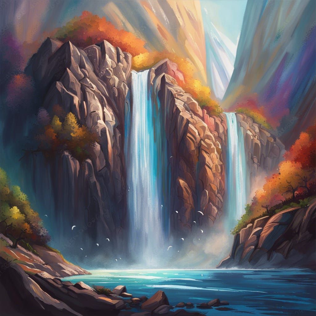 Hyperrealistic Waterfall Flowing Down Mountainside