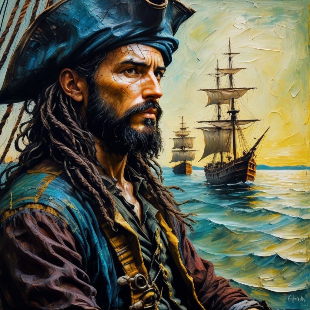 Pirate Ship at Dusk, Impasto Oil Painting