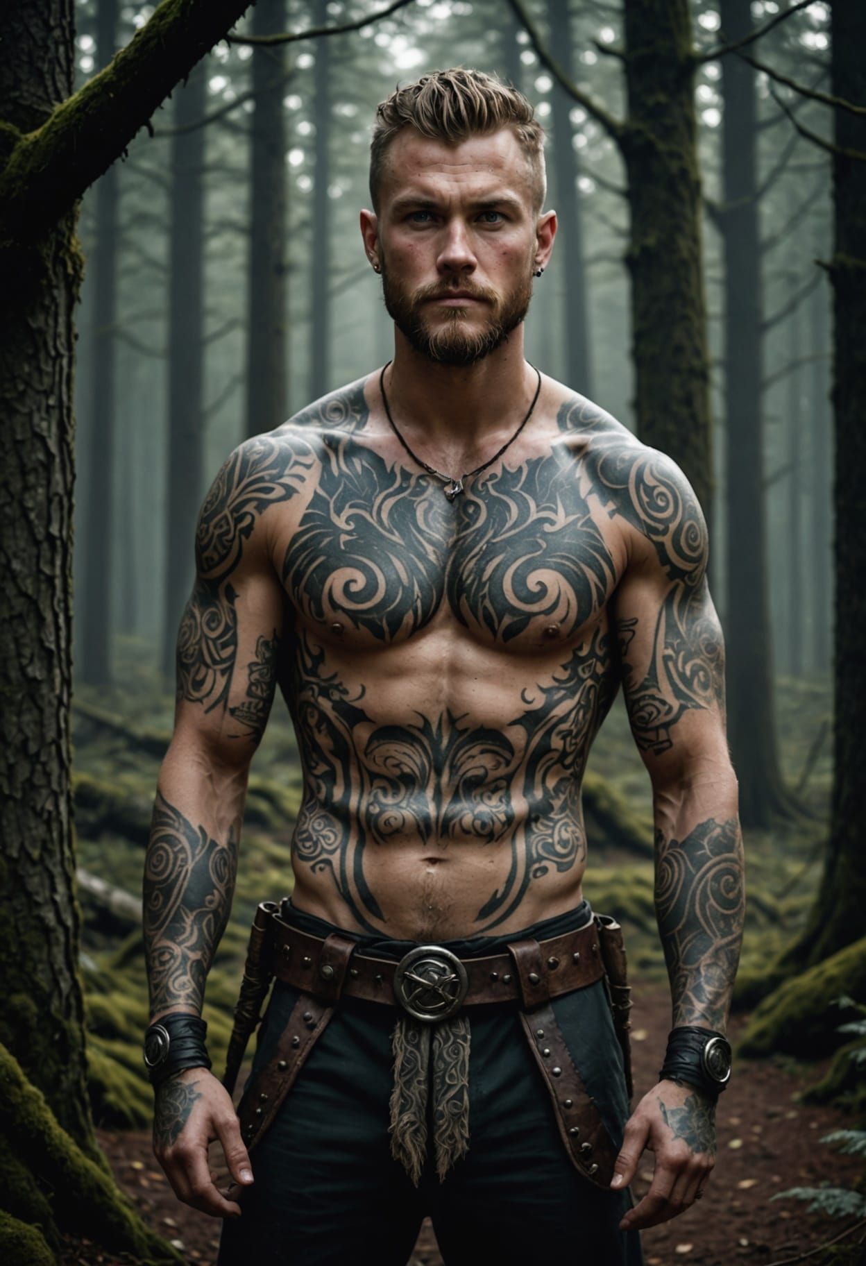 Viking Warrior Stands at Forest Entrance