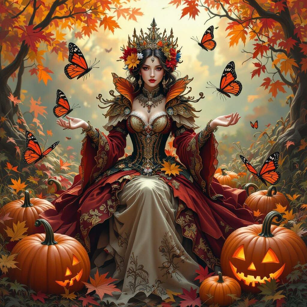Autumn Queen with Monarch Butterflies in Matte Painting
