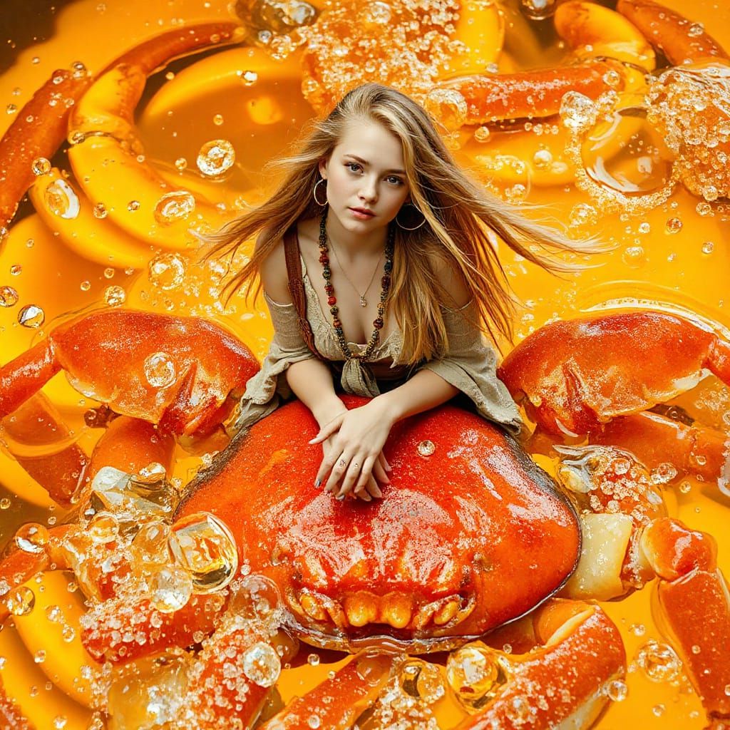 Woman on Gummy Crab in Soda Sea, Neon Futurism Style