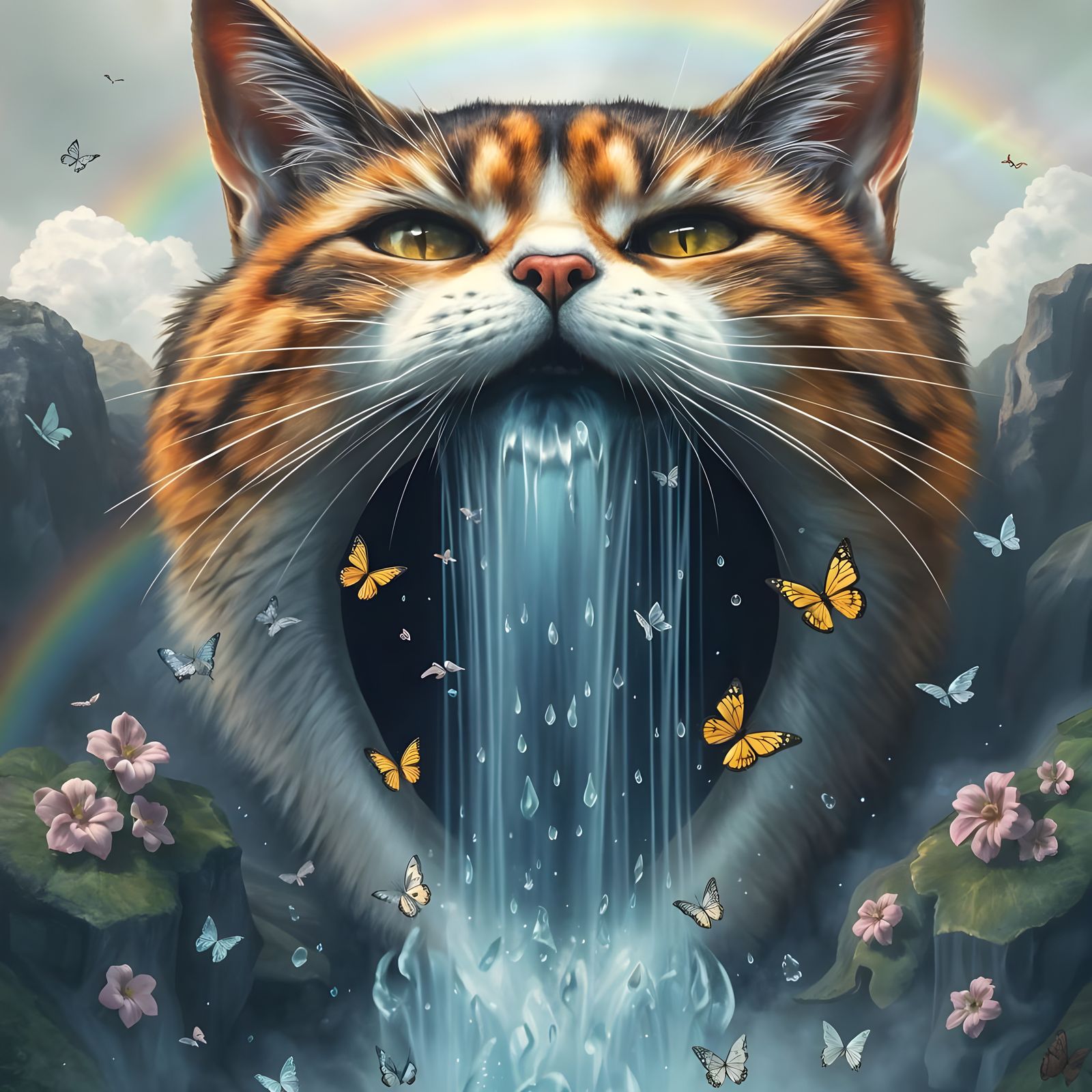 Calico Cat Waterfall in Dreamlike Fantasy Art