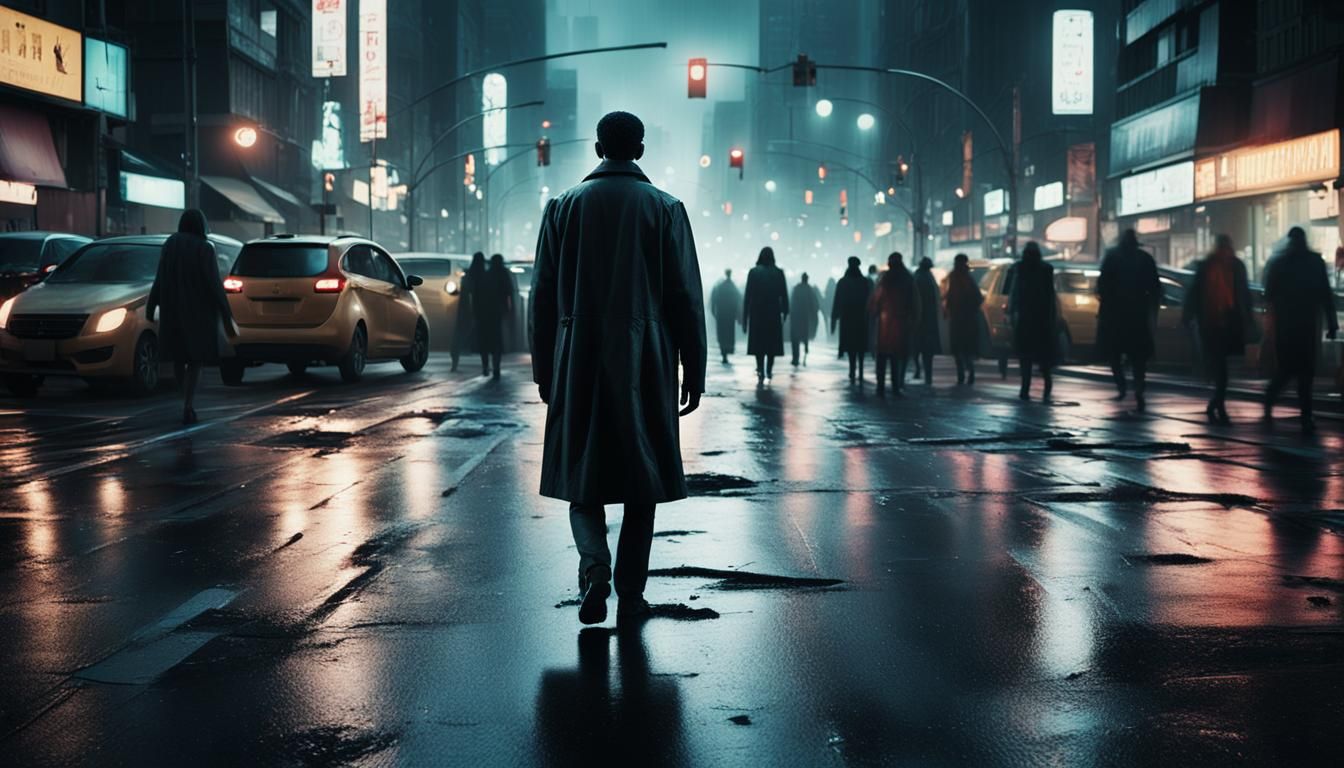 Urban Surrealism: Lone Figure in Chaotic Cityscape