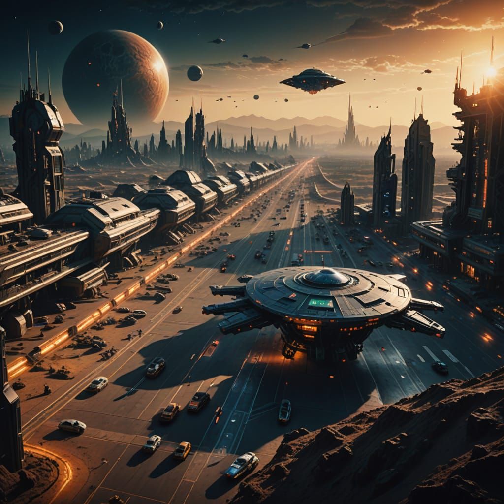 Epic Intergalactic Spaceport at Sunset in Cinematic Film Sty...