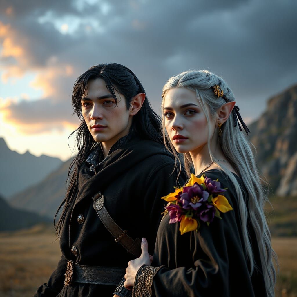 Epic Dark Fantasy Elf Couple in Rich Black Attire