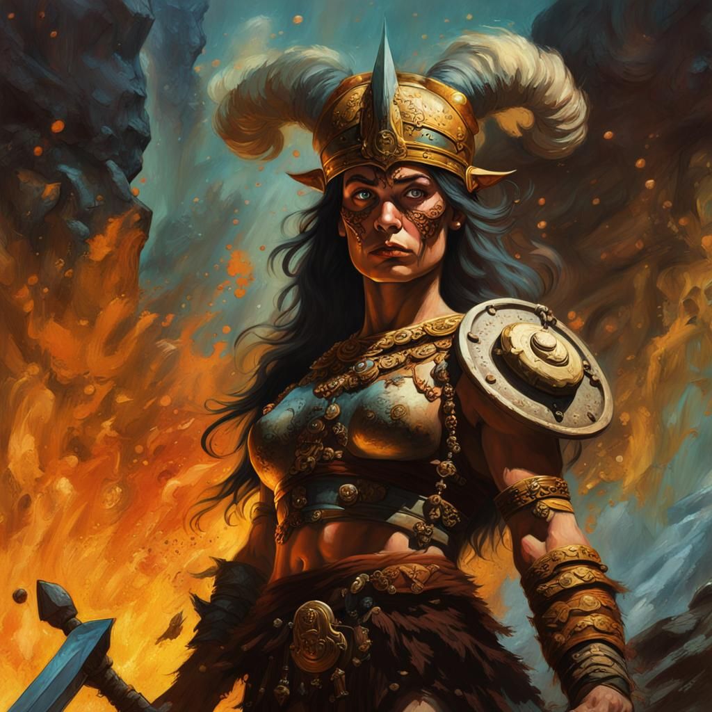Barbarian Woman in Baroque Oil Painting Style