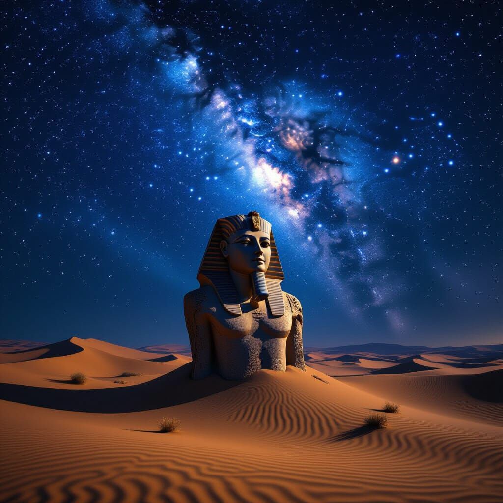 Vast Desert Night with Colossal Statue & Starry Sky