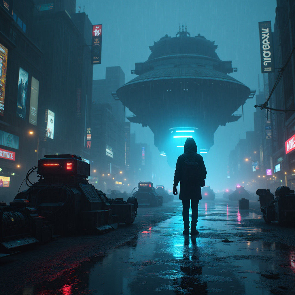 Cyberpunk Decoder in Rain Soaked Cityscape, Year 2147