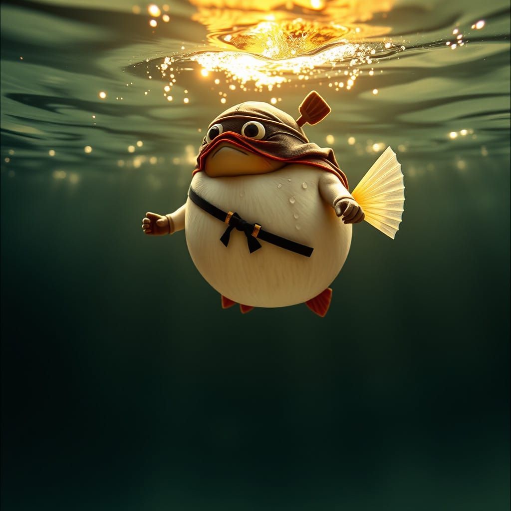 Surreal Ninja Pufferfish soars through the Air in a Whimsica...