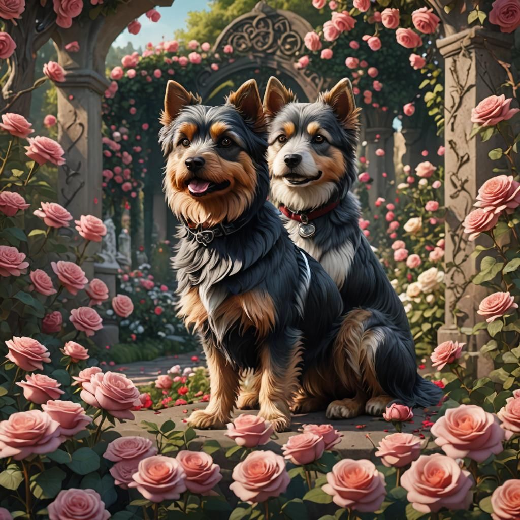Yorkie and Husky in Rose Garden