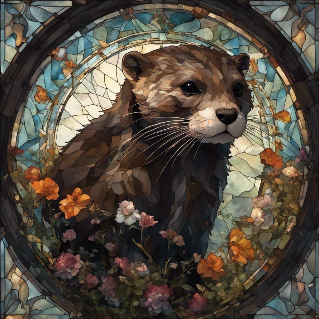 Stained Glass Otter with Floral Constellations